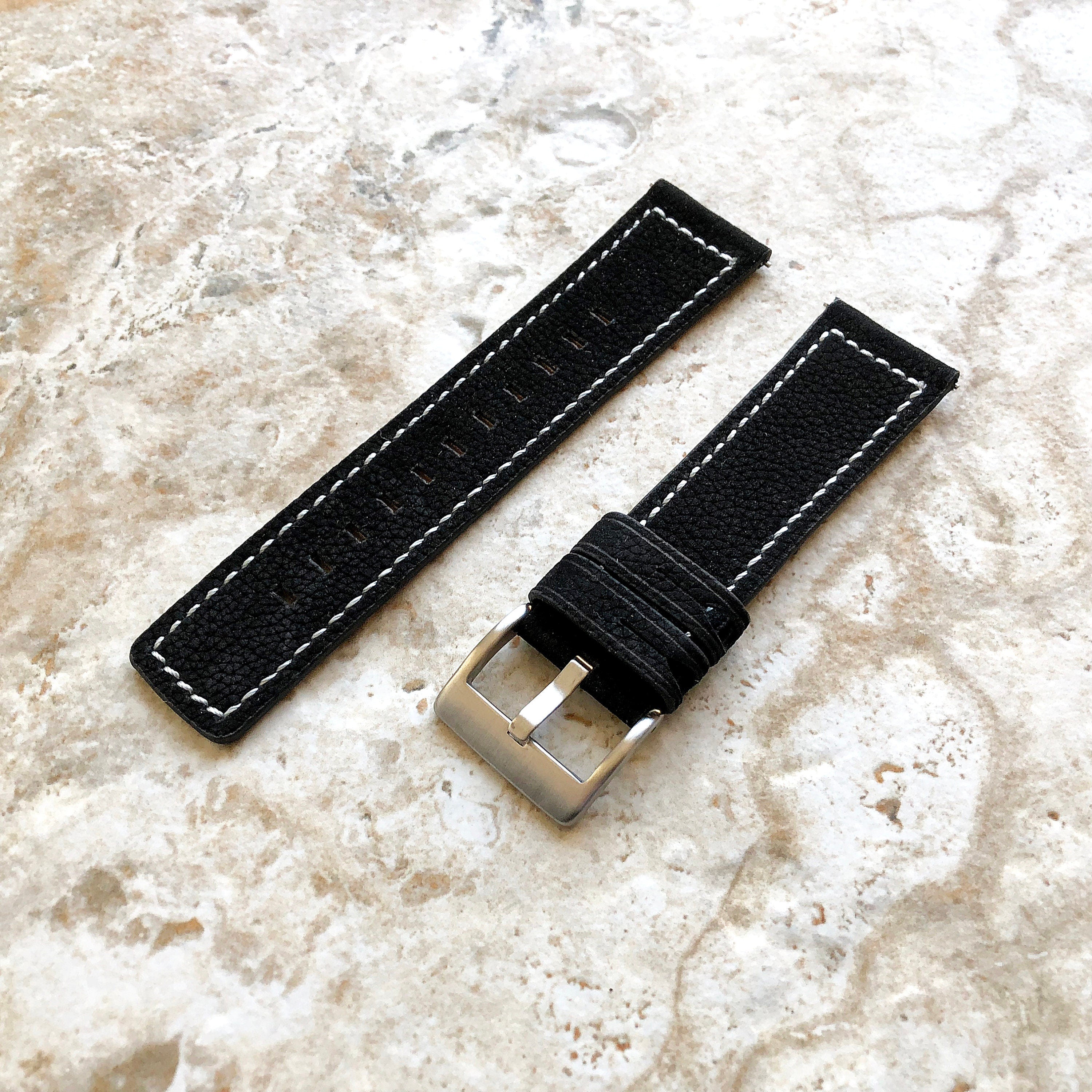 22mm Width Black Soft Leather Watch Strap Band Stitched for Wrist Hand Watches - Quick Release Pins Included Easy and Ready to Attach